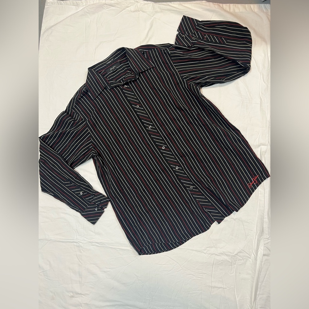 Sean John Men’s Striped Button Down Shirt Black Red Classic Fit XL